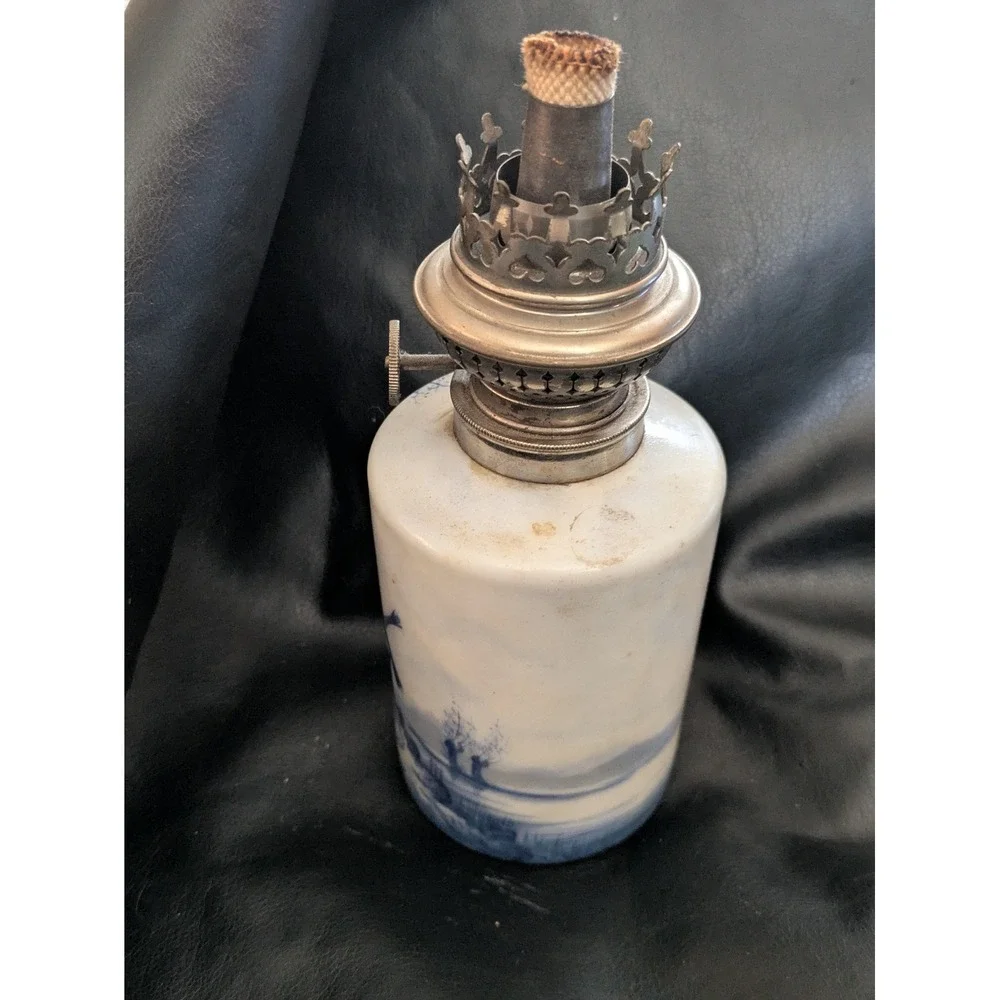 Vintage Baccarat Style Oil Lamp Blue White Windmill Scene Metal Top 4 In Tall